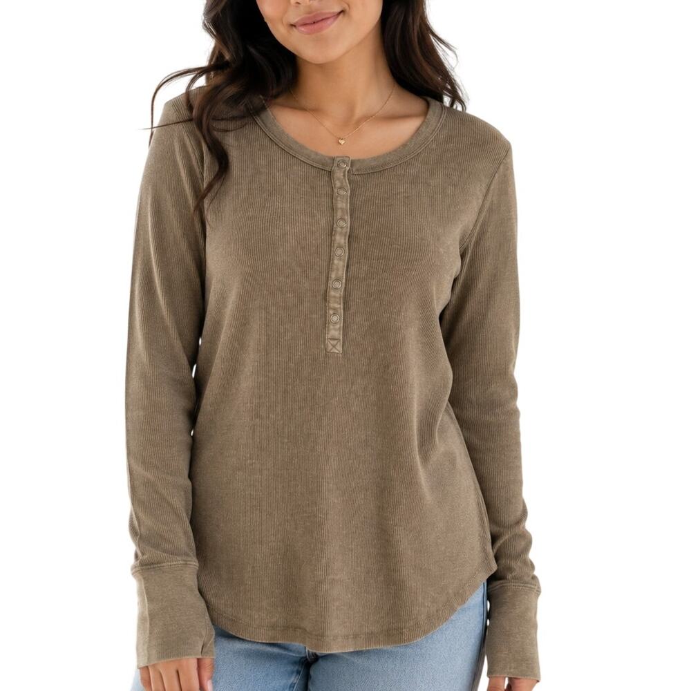Aerie Brown Ribbed Henley Long Sleeve Layering Top Size Medium - Picture 1 of 9